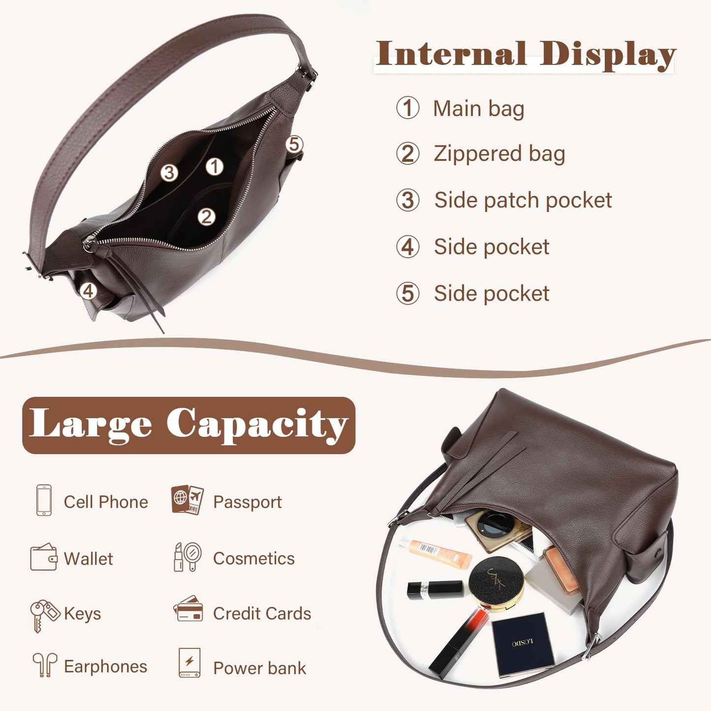 MFFOR Genuine Leather Hobo Bags, Tote Bag for Women, Slouchy Shoulder Purse, Crossbody Bags with 2 Removable Strap (Coffee)