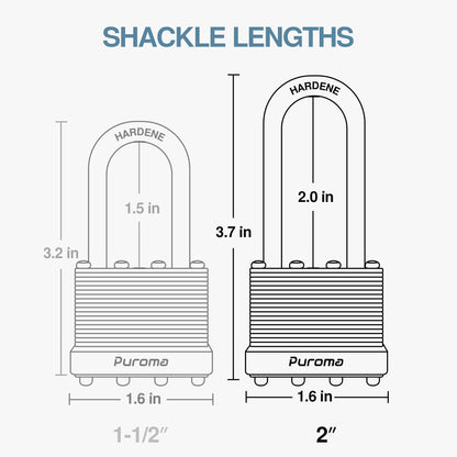 Puroma Lock 4 Pack Padlocks, 2” Long Shackle Heavy-Duty Locks with 8 Keys, 40mm Hardened Steel Keyed Alike Padlocks for Sheds, Gates, Fences, Toolbox, Outdoor and Indoor Use（Silver）