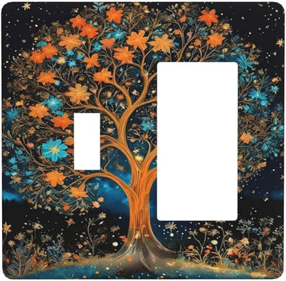 Magical Tree, Night Sky, Whimsical, Fantasy Art, Floral Tree, Blooming Flowers, Starry Background, Vibrant Colors, Blue And Orange Flowers