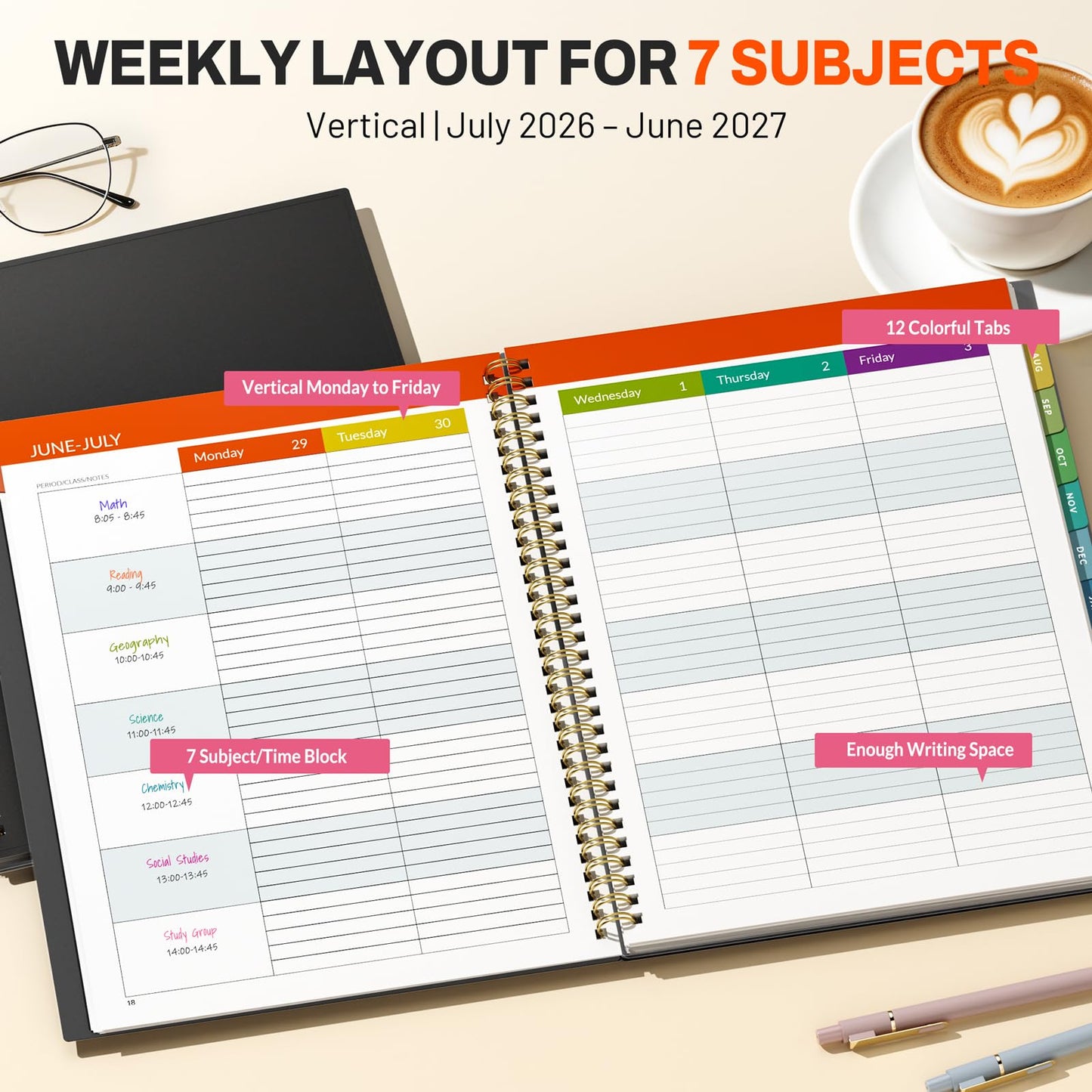 SUNEE Teacher Planner 2026-2027 Academic Year, 7 Periods Lesson Plan Book Jul 2026 - Jun 2027, 8.5"x11" Daily Weekly Monthly Organizers Vertical Layout with Calendars, Bookmark, Waterproof Cover, Black