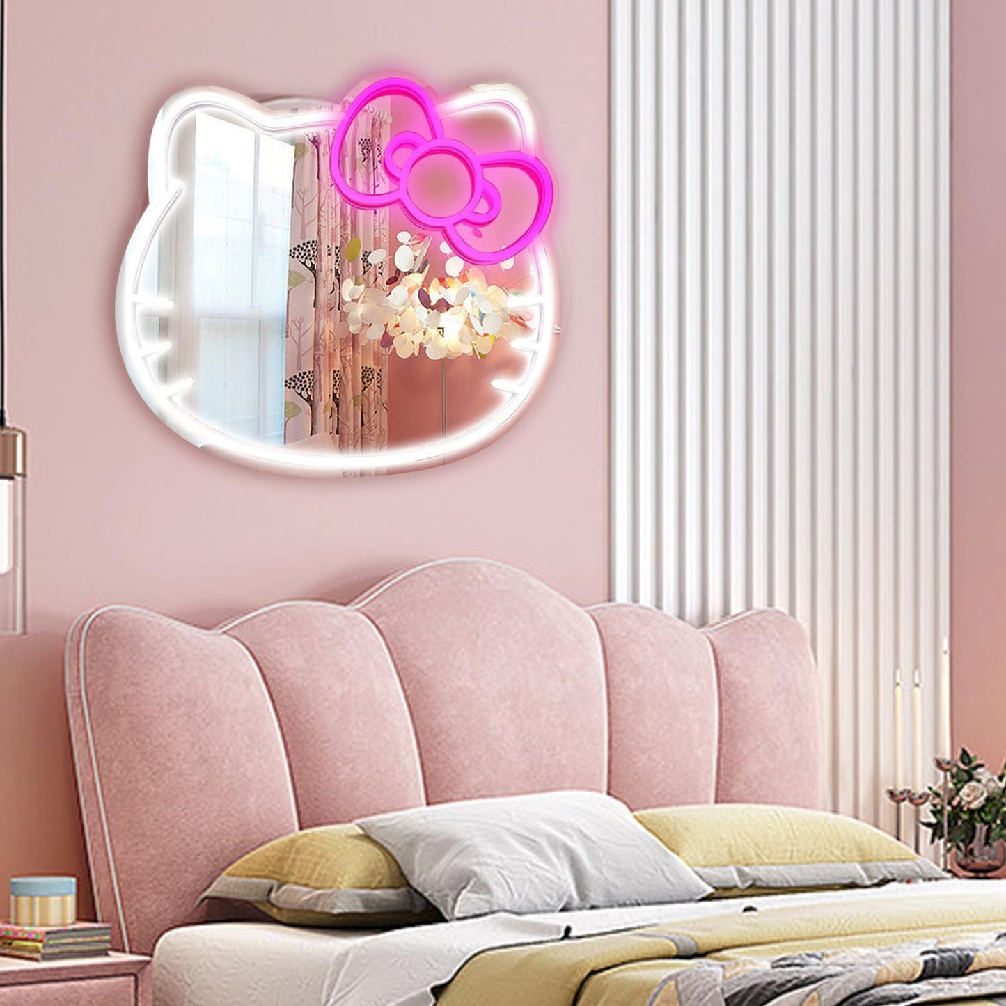 MCJSGSP Anime Hello Kit Mirror with Light Neon Signs for Wall Decor, Teen Girl Gift，Makeup Mirror neon Sign Room Decor (9.4 * 11.9 inch)
