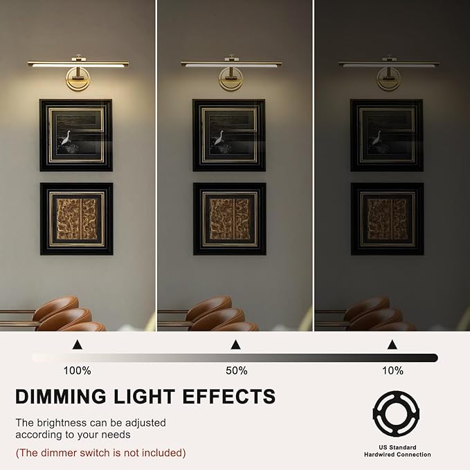 Modern Dimmable Picture Lights for Wall 15.7 Inch Hard-Wired LED Picture Frame Lights for Paintings Gallery Light with Adjustable Swing Arm Display Lights For Artwork, 7W, 2700K, Warm White - Brass