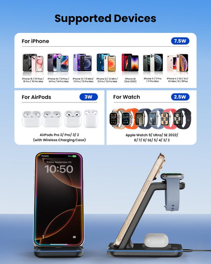 Wireless Charging Station for Apple - 3 in 1 Wireless Charger Stand Dock Watch and Phone Charger Station for Apple Watch 11/8/7/SE/6/5/4/3/2, iPhone 17 16-12 Pro Max SE XS X, Samsung, AirPods Pro/3/2
