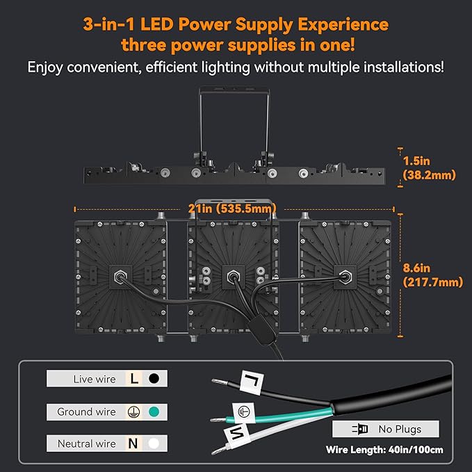 300W LED Outdoor Flood Light, 30000LM Super Bright Stadium Light, 6000K Daylight White, IP66 Waterproof 3 Heads Adjustable Outdoor Floodlights, Backyard, Court, Garden(2 Pack)