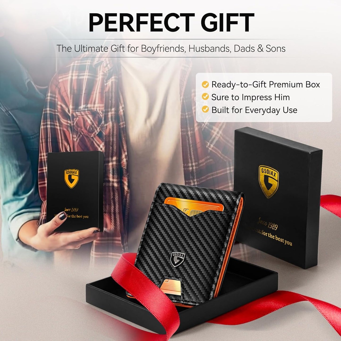 GSOIAX Slim Wallet for Men Rfid Blocking Leather Bifold Front Pocket Carbon Fiber Credit Card Holder Novelty Wallets With Gift Box (Carbon Black and Orange)