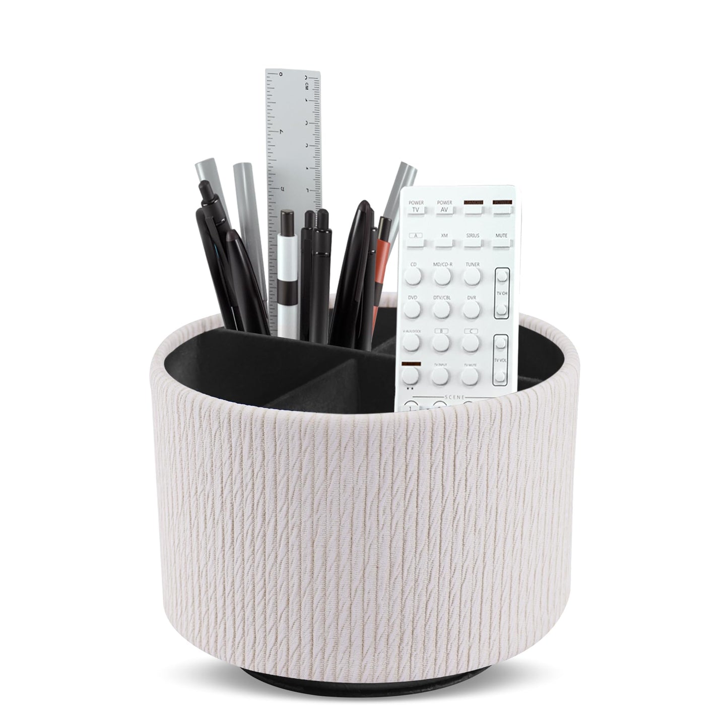 Lvkjafaz Round Leather Art Supply Organizer,Remote Control Holder,360 Degree Spinning,Multi-Functional Pencil Holder,4 Compartments Desktop Stationary Organizer(1-Wood Beige)