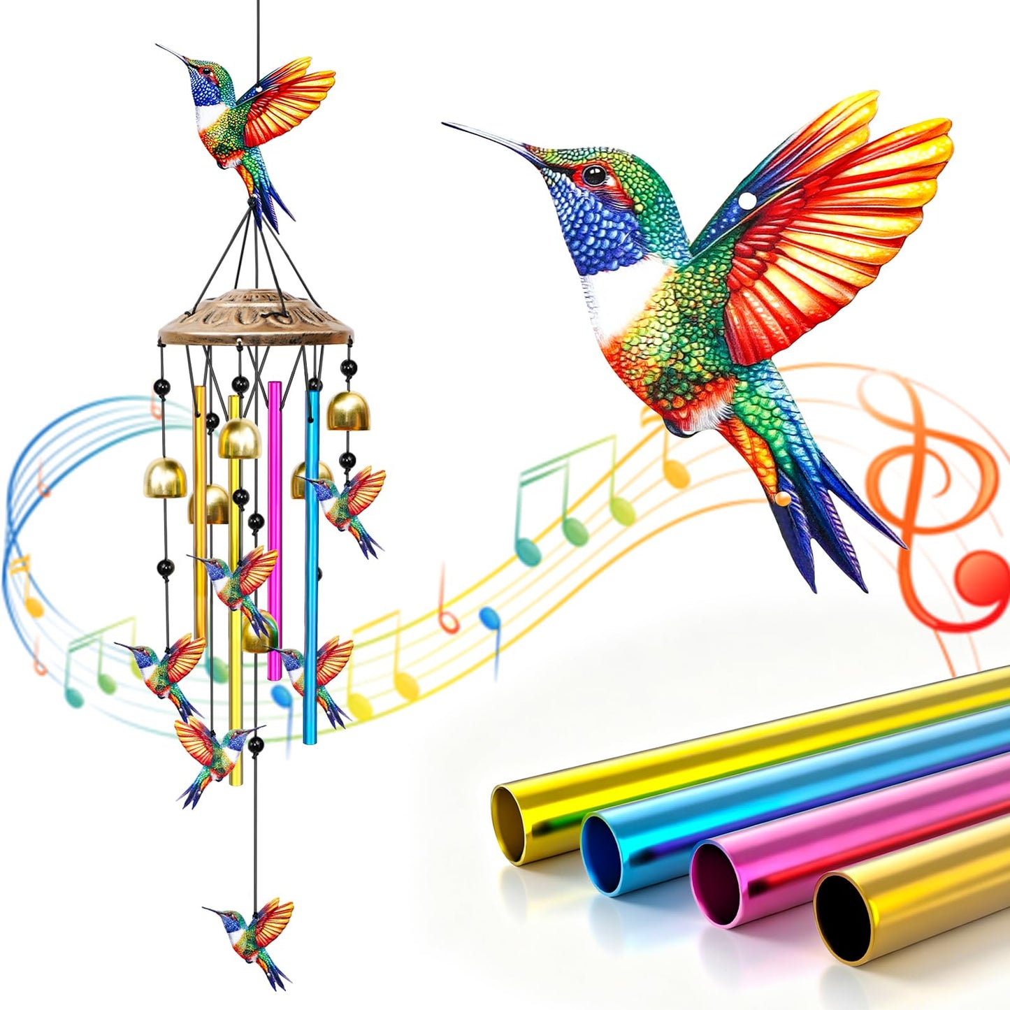 VeyFolzin.st 35" Wind Chimes for Outside, Hand-Tuned Aluminum Windchimes with 6 Bells & Hummingbird Decor, Rustproof Metal Chimes for Garden Patio Porch, Sympathy Memorial Gift(Hummingbird)