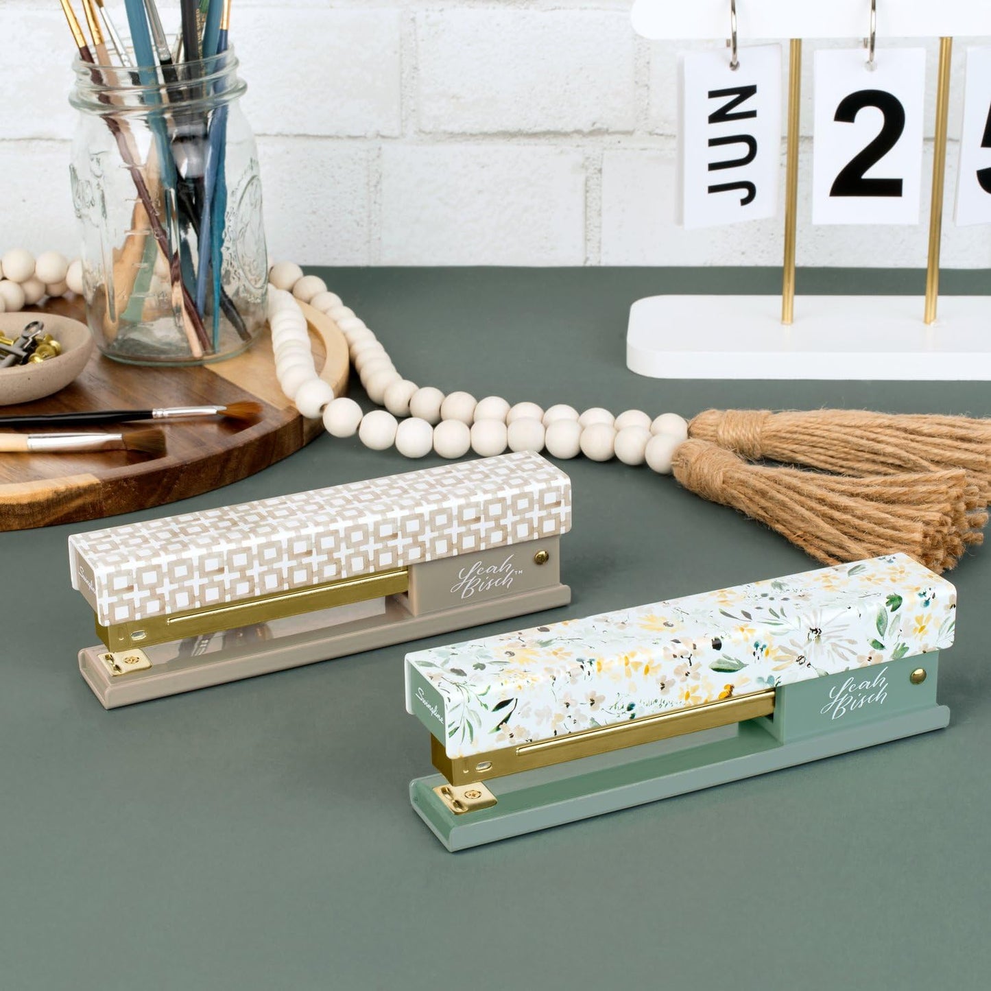 Swingline Stapler by Leah Bisch, 20 Sheet Capacity, Full Strip, Tan Tiles, Colorful Fashion Design (S700035)