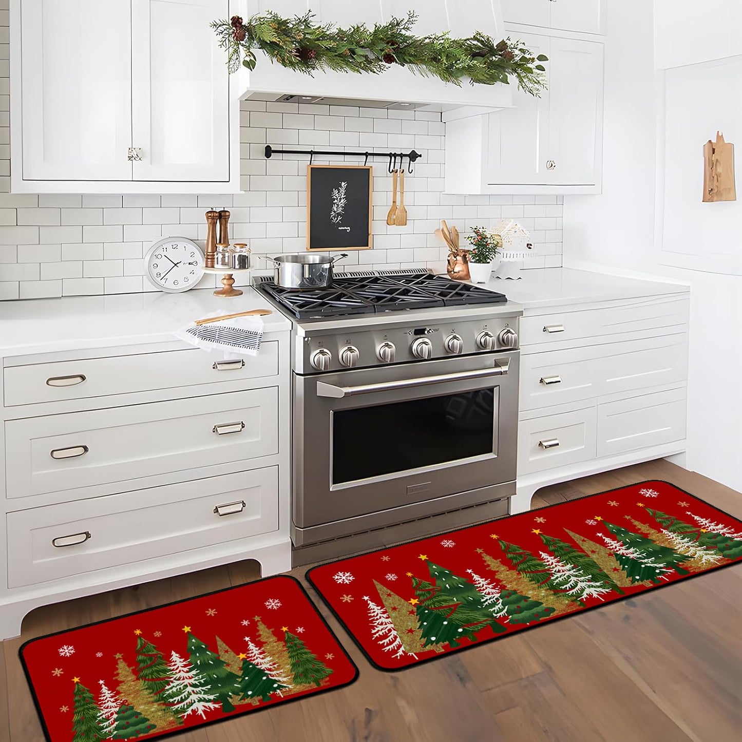 Lingcetger Christmas Kitchen Mats for Floor,Xmas Tree Kitchen Rugs Sets of 2,Red Christmas Non-Slip Kitchen Decor Floor Rug Home Decoration Doormat