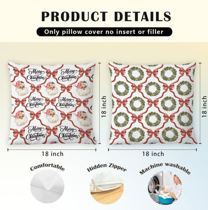 JINYO Coquette Red Bow Christmas Wreath Santa Pillow Covers 18x18, Coquette Preppy Christmas Decor, Girly Pink Santa Xmas Winter Holiday Throw Pillow Covers for Girls Room Dorm Apartment Set of 2
