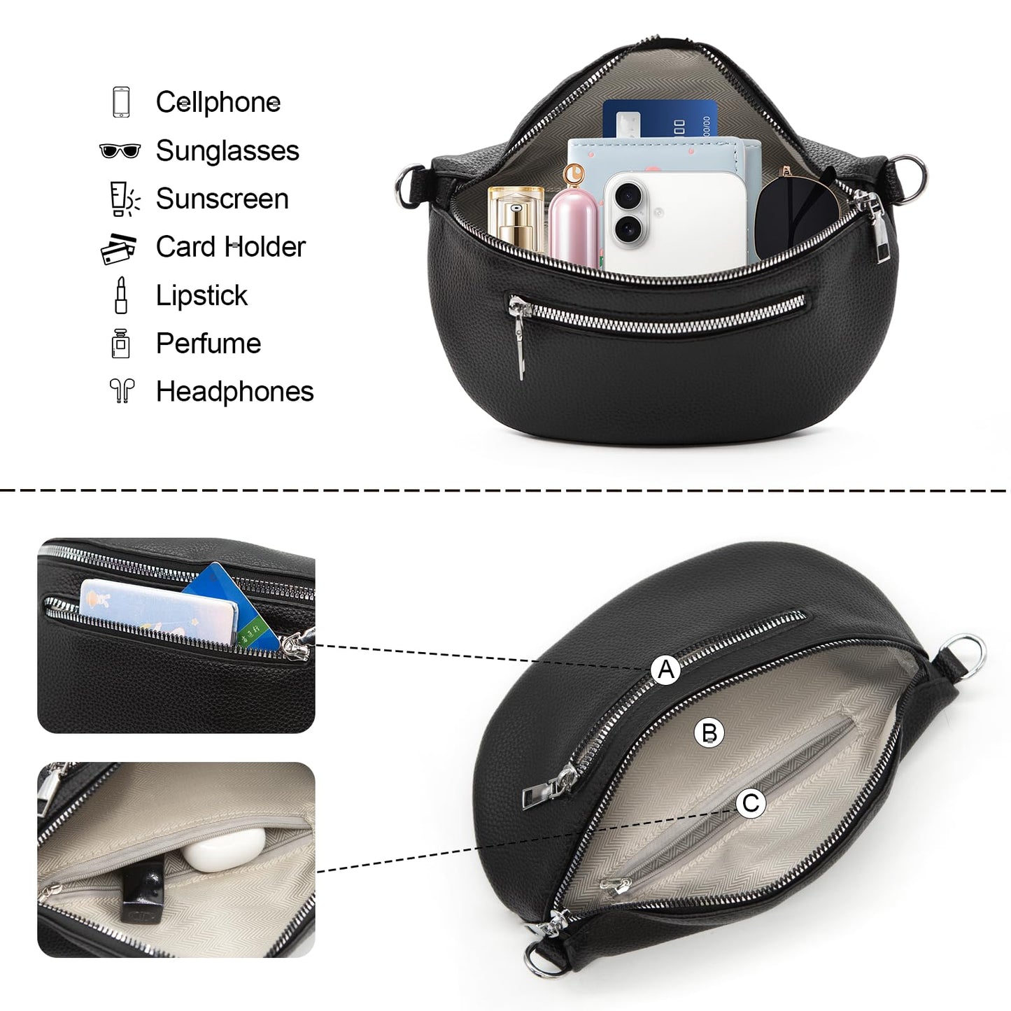 Long Keeper Crossbody Bags for Women Vegan Leather Trendy Sling Chest Bag with Adjustable Wide Strap Small Travel Fanny Pack (Silver)