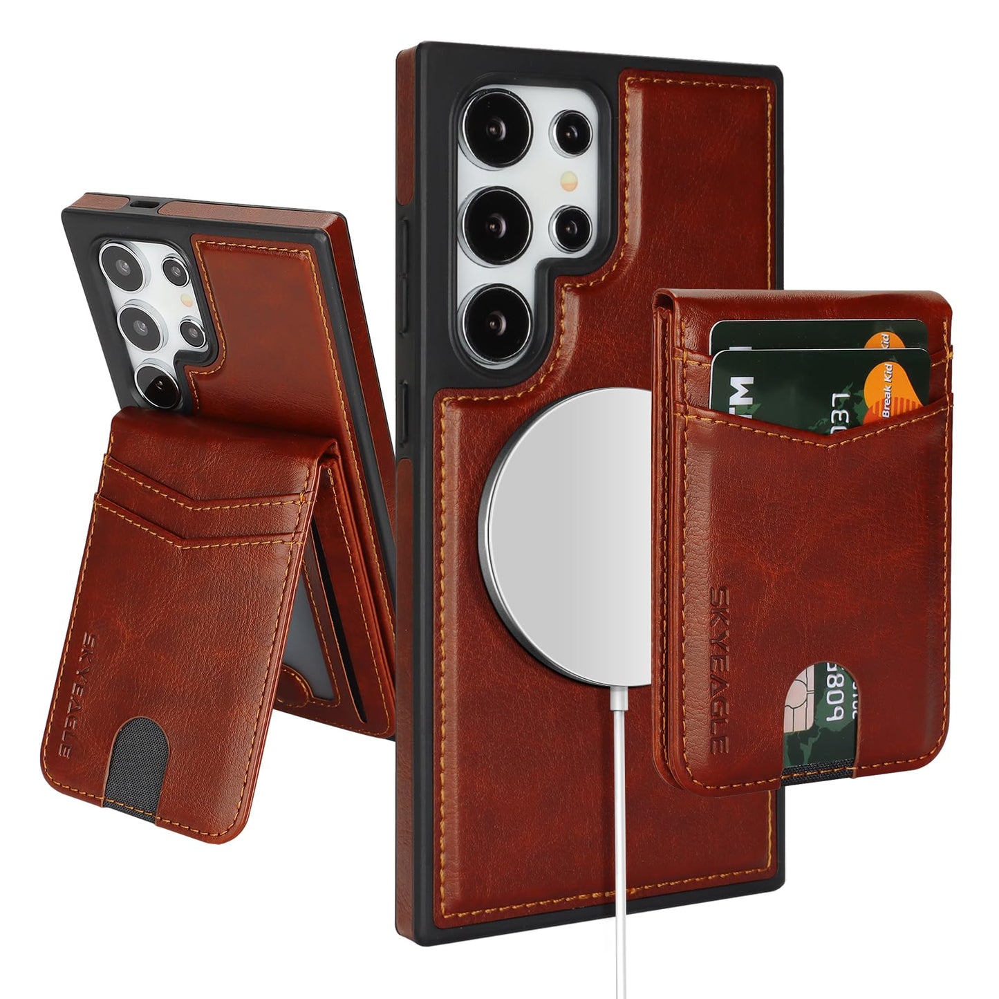 SkyEagle Compatible with Magsafe 2 in 1 Detachable Samsung Galaxy S24 Ultra Wallet Case with Card Holder Women Men Magnetic PU Leather Phone Case RFID Blocking Flip Kickstand Credit Slots,Brown