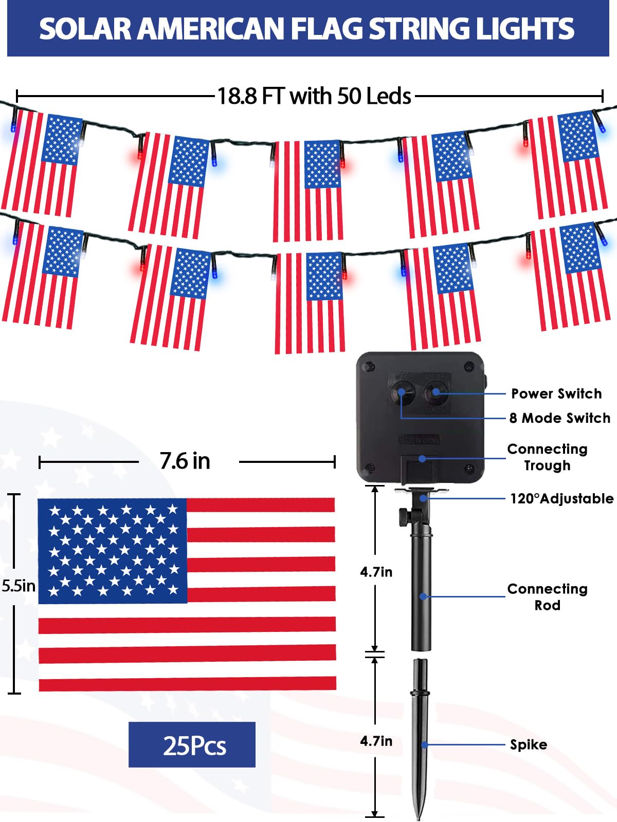 2 Pack 4th of July Decorations, Solar American Flag Lights Outdoor with 8 Modes, 37.6FT 50 USA Flags & 100 Red White and Blue LEDs Patriotic Lights Waterproof for Independence Day 250th Anniversary