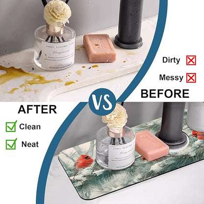 Winter Sink Faucet Absorbing Mat Cardinal Christmas Super Absorbent Fast Drying