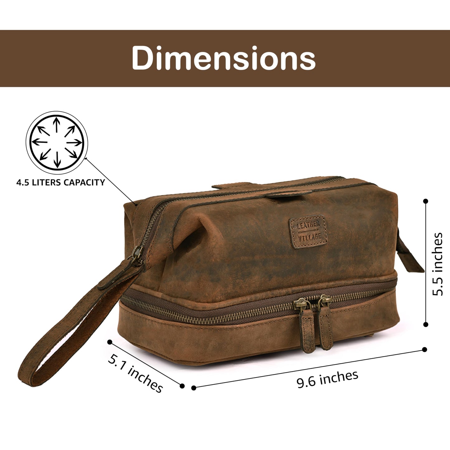 LEATHER VILLAGE Genuine Leather Dopp Kit – Large Travel Toiletry Bag with Waterproof Lining, Dual-Zip Design for Men & Women, Organizer for Shaving, Makeup & Essentials - Brown