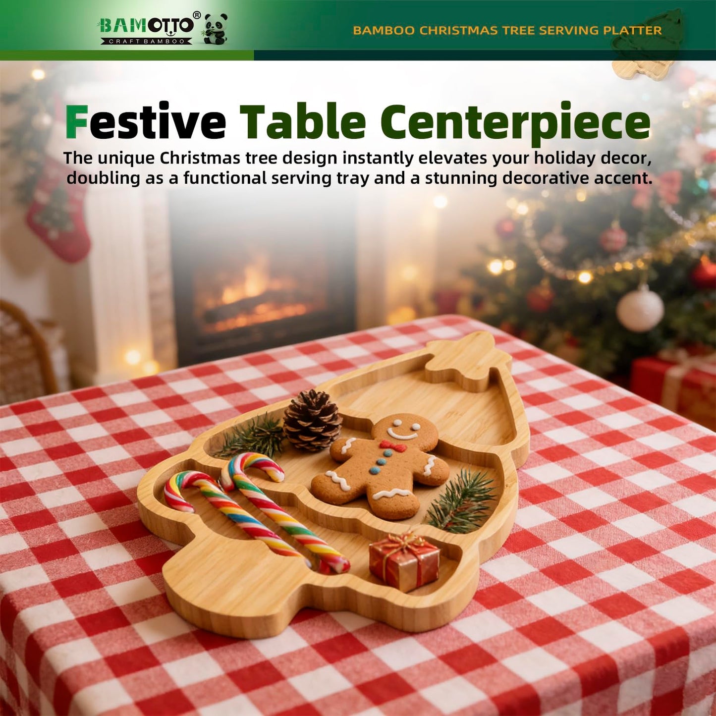 BAMOTTO CRAFTBAMBOO Bamboo Christmas Tree Serving Platter - 13.5"x8.8" Large Kids Snack Plate, Food Safe Charcuterie Board for Christmas Thanksgiving, Divided Tray for Fruit, Dessert, Baby Food