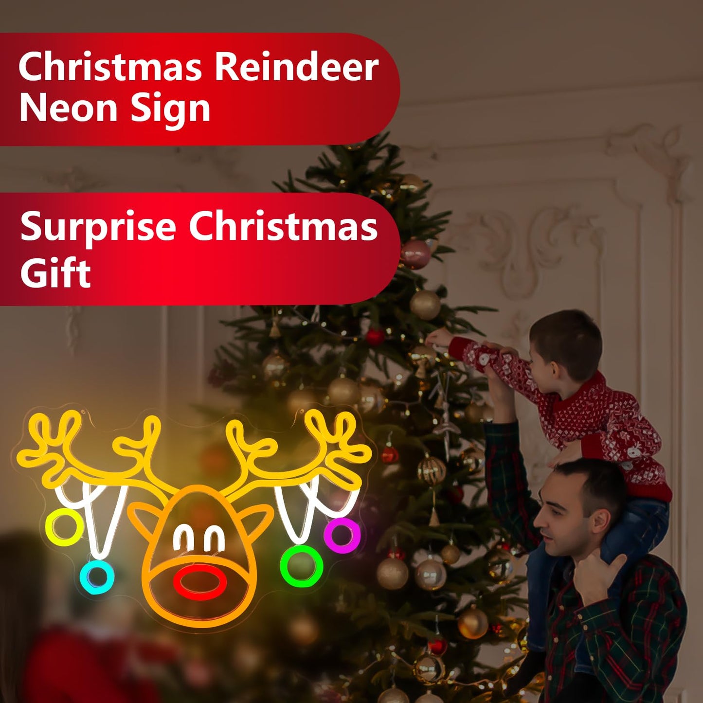 Christmas Reindeer Neon Sign Dimmable Elk Neon Light Sign for Wall Decor Christmas Neon Window Lights, Deer Neon Sign for Bedroom Living Room LED Reindeer Christ-mas Party Decoration