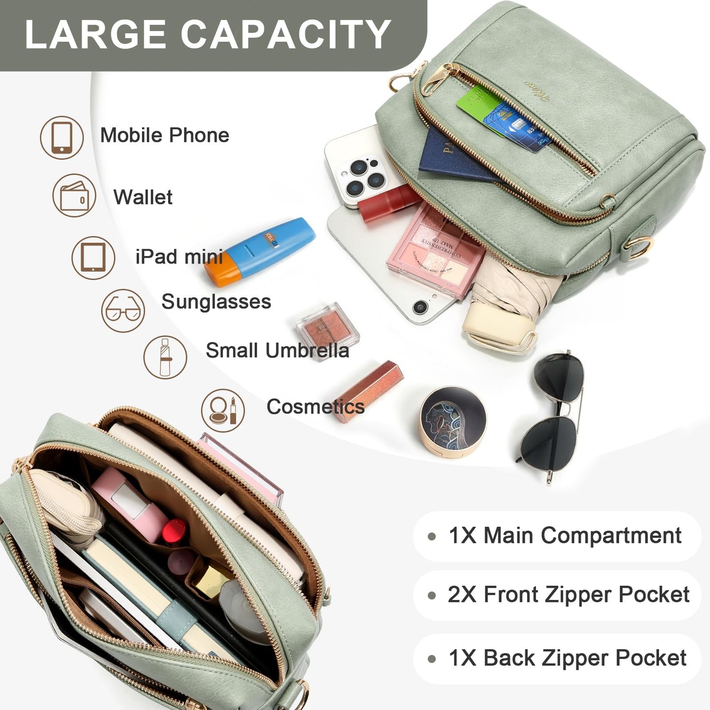 HILAEX Small Leather Crossbody Bags for Women Anti theft Purses and Handbag Shoulder Hangbag with Wide Strap Tassel Pale Green