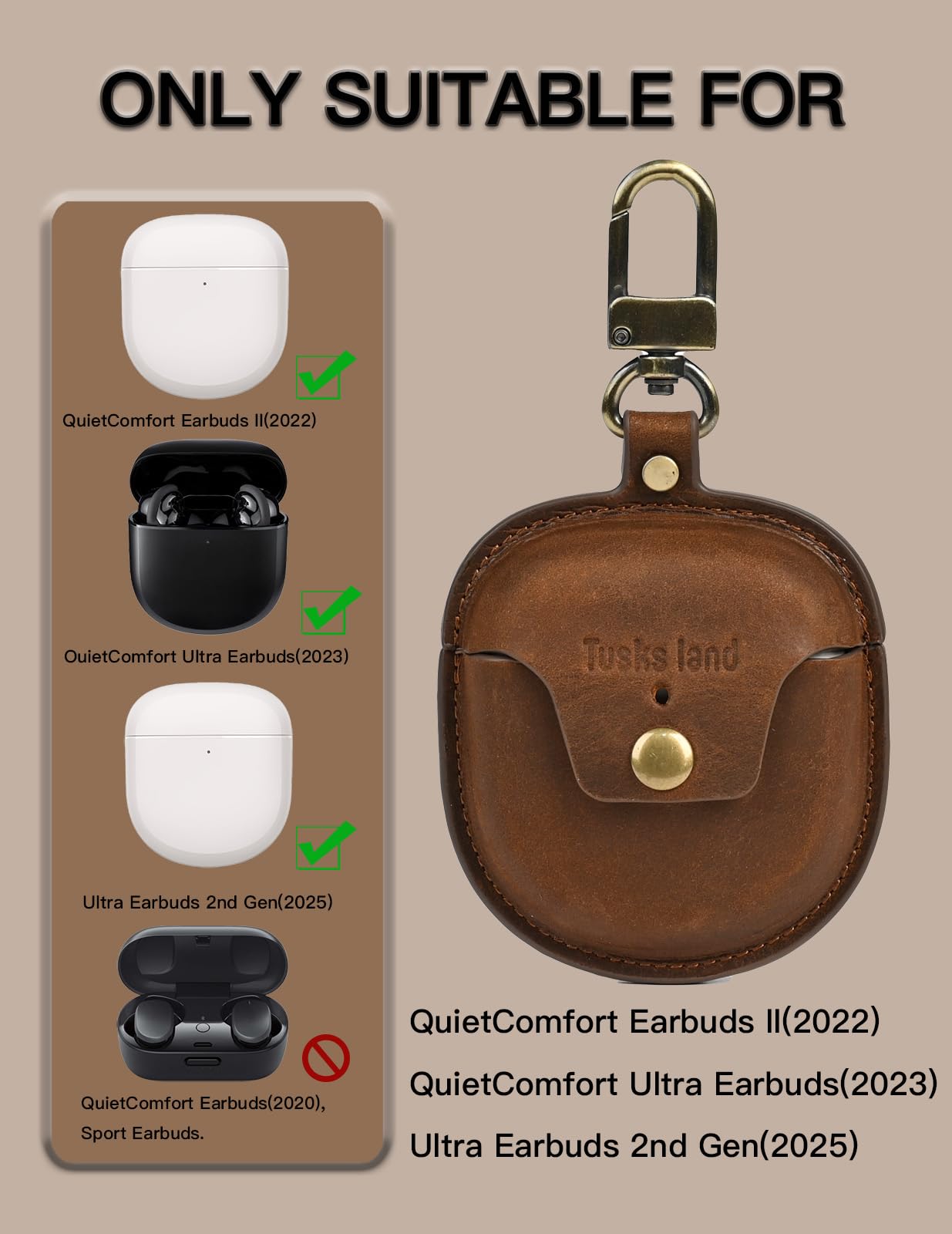 Tusks Land for Bose QuietComfort Ultra Case (2023) & for Bose QuietComfort Earbuds II (2022),Bluetooth Earphone Protective Cover Genuine Leather Earphone Case (Retro Coffee)