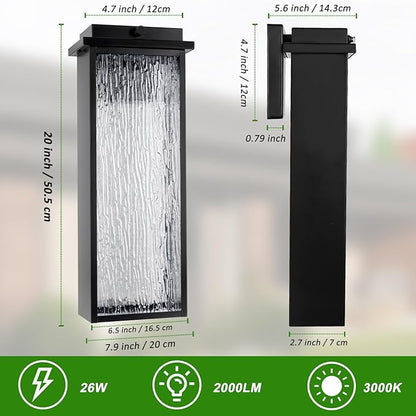 20" Extra Large Dusk to Dawn LED Outdoor Light 2 Packs, Black Modern Exterior Lighting Fixtures, Outside Porch Lights Wall Mount, Mid-Century Wall Lantern with Rippled Glass Patio Sconce Lamp