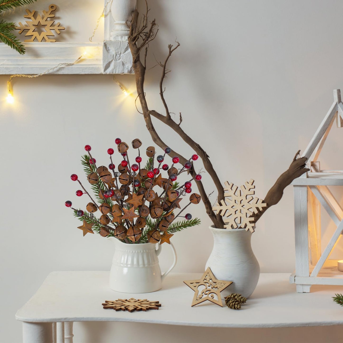 Winlyn 6 Pcs Christmas Rustic Bells Picks Holiday Floral Stem Stars Sprays with Burgundy Berries 10.6" for Christmas Tree Farmhouse Primitive Arrangement Centerpiece DIY Wreaths Garlands