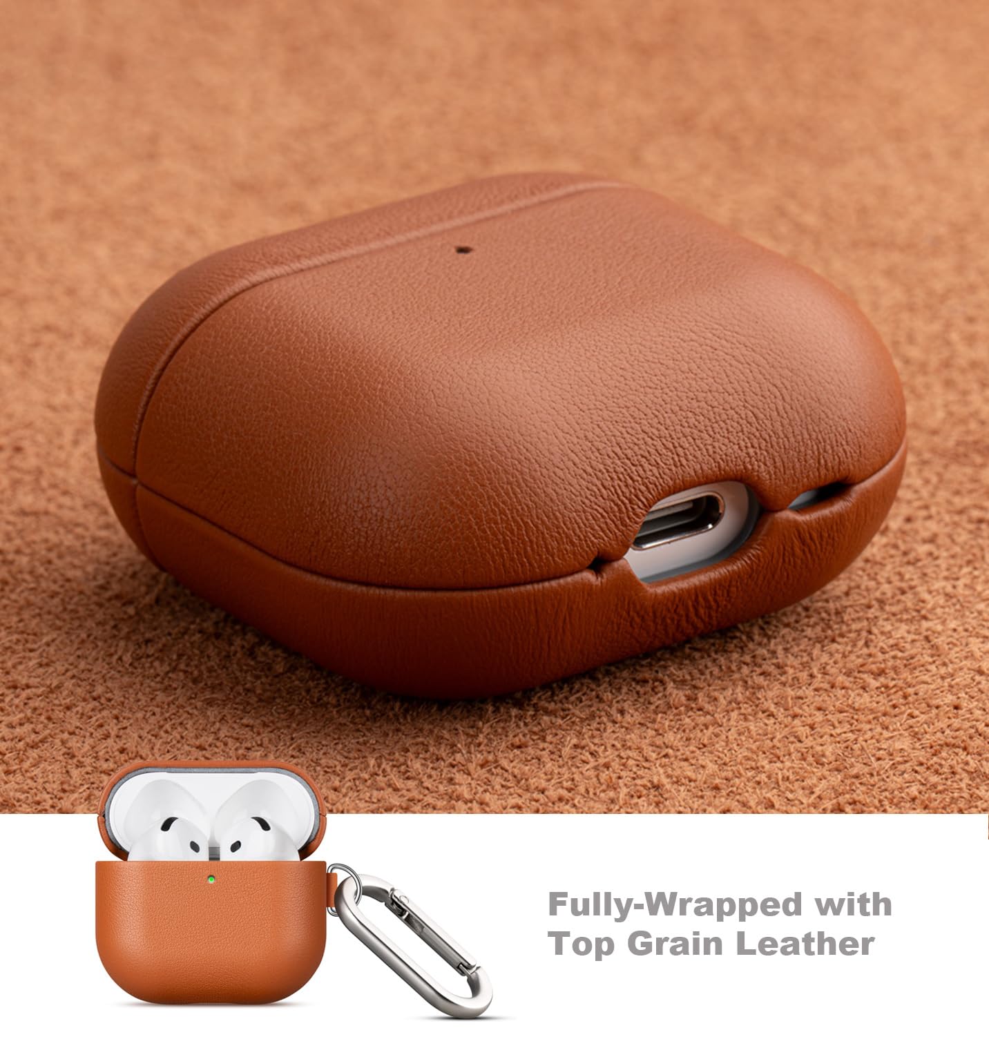 LOPIE Handmade Case for AirPods 4 / AirPods 4 with Active Noise Cancellation Leather Case Clip & Cleaner Kit, Fully-Wrapped with Top Grain Leather, Protective Hard Cover for Gen 4 Air Pods - Brown