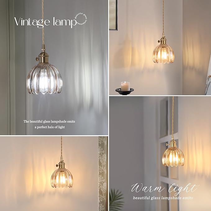 Vintage Wall Sconce Wall Lamp Amber Tulip Shade Pattern Glass Adjustable Chain Retro Gold Wall Mounted Light, Wall Lamp Fixtures Decor for Bedside Bedroom Indoor Doorway