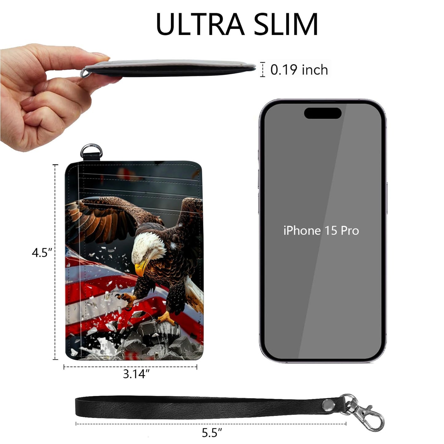 BREIDMKFM Credit Card Holder Slim Wallet,RFID Wallet Women Front Pocket Small Card Holder Travel Cute Thin Minimalist Card Case Leather Flat Wallet with ID Window&Wrist Strap,American Flag Eagle