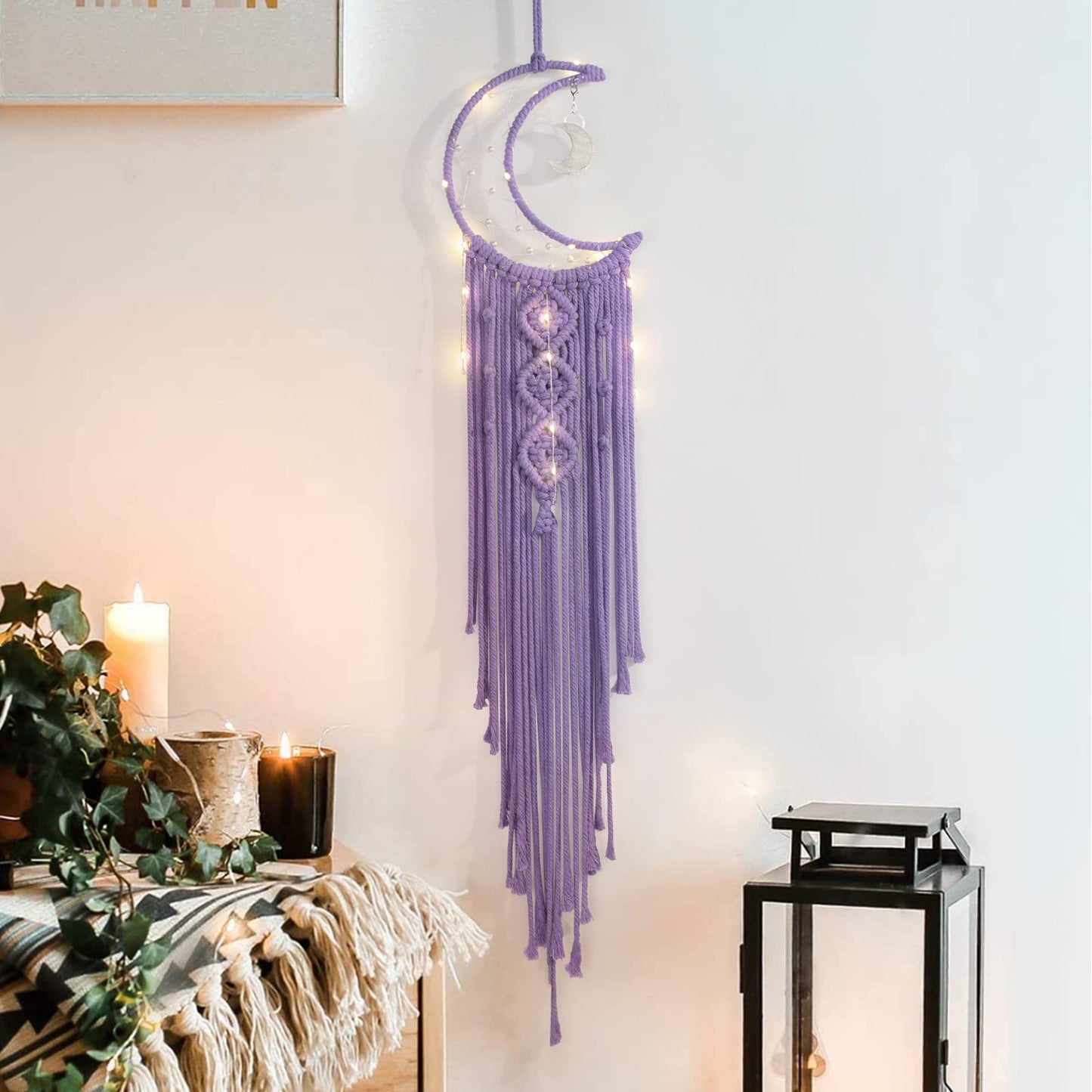 Macrame Moon Dream Catcher for Girl, Purple Boho Crescent Dreamcatcher for Bedroom, Handmade Nursery Room Wall Hanging with Star Pendant for Teen Boy, Bohemian Home Decoration Idea
