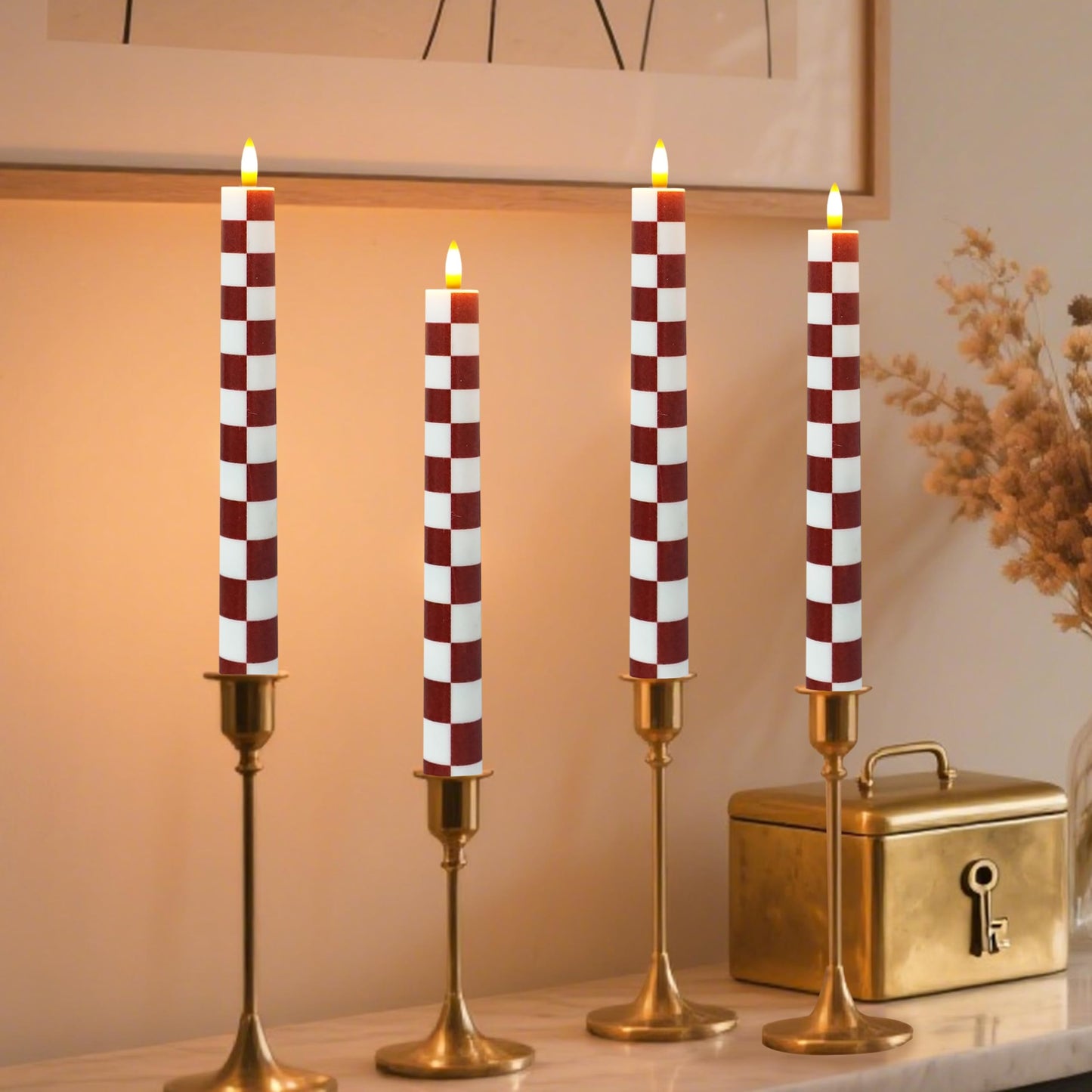 SEUCRWAX 10 Inch Flameless Taper Candles,LED Candlesticks Battery Operated with 10-Key Remote and Timer,4p Flame Lights for Wedding Decoration Party(Chessboard)