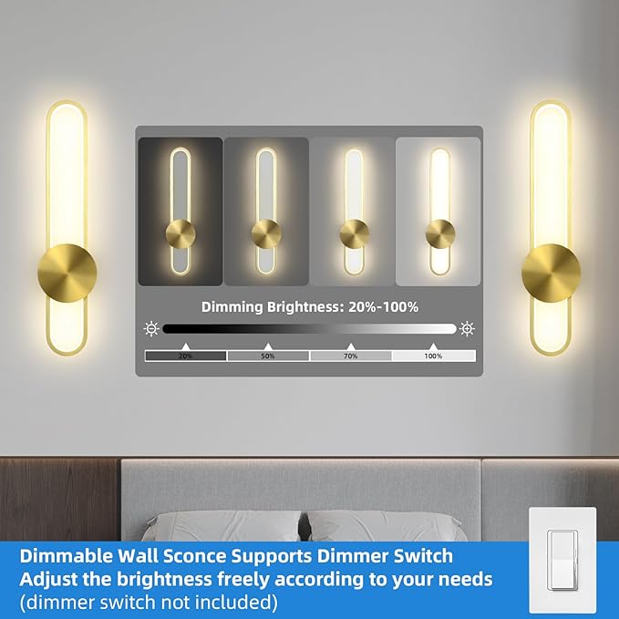 JAYMP Modern Wall Sconce Dimmable LED Wall Light Fixture, Hardwired Wall Lamp for Living Room, Dining Room, Bedroom, Hallway, Lobby, Entryway (Brushed Gold, H56cm/22inch)