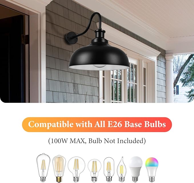 Outdoor Gooseneck Barn Light,16 Inch Dome Outdoor Wall Sconce Farmhouse Exterior Wall Mount Light Vintage Wall Lighting Fixture Industrial Black Wall Lantern for Porch, Entryway, Garage, 1 Pack