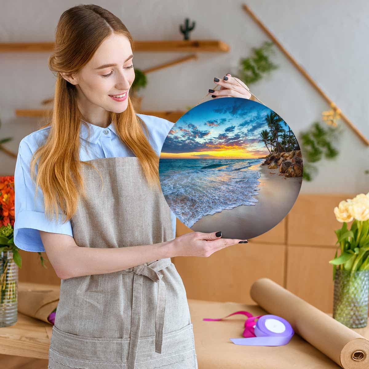 Beabes Welcome Sign Rustic Round Sign Front Door Wreaths Beauty Sunset Beaches for Outdoor Indoor Wall Hanging Decorations 12x12in