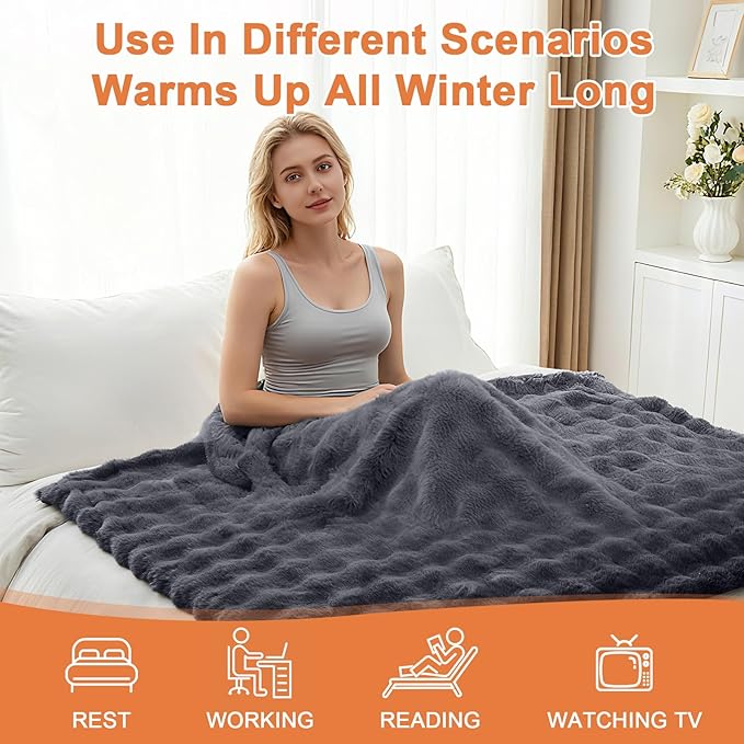 Heated Blanket Electric Throw Blanket 84''X 90''-Heating Blanket with 6 Heat Settings-10 Hours Auto Off,Cozy Faux Rabbit Fur Bubble Electric Blanket,Dark Gray