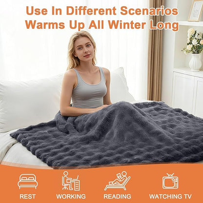 Heated Blanket Electric Throw Blanket 72''X 84''-Heating Blanket with 6 Heat Settings-10 Hours Auto Off,Cozy Faux Rabbit Fur Bubble Electric Blanket,Dark Gray