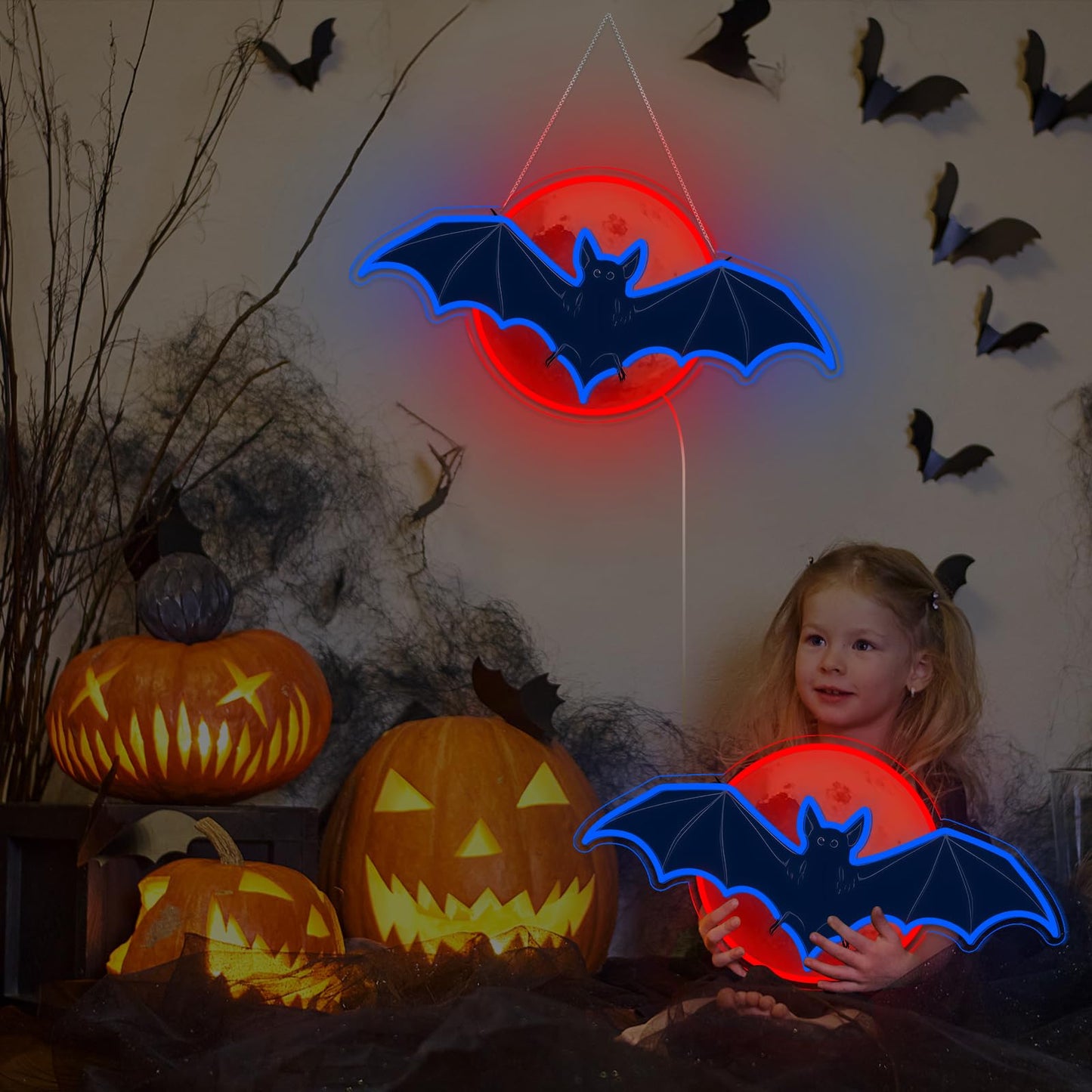 LMHSE Bat Moon Halloween Window Decorations, Neon Signs for Decorating Rooms, Windows, Funny Home Decor, Party, Halloween Decoration USB Powered (Black - Bat)