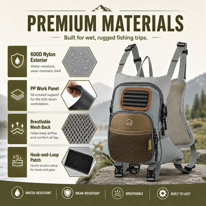 Qiullen Fly Fishing Chest Pack,Waterproof Tackle Bag with Zip-Down Workstation,Fly Box Storage,Net Holder,Adjustable Straps for Wading and Stream Fishing