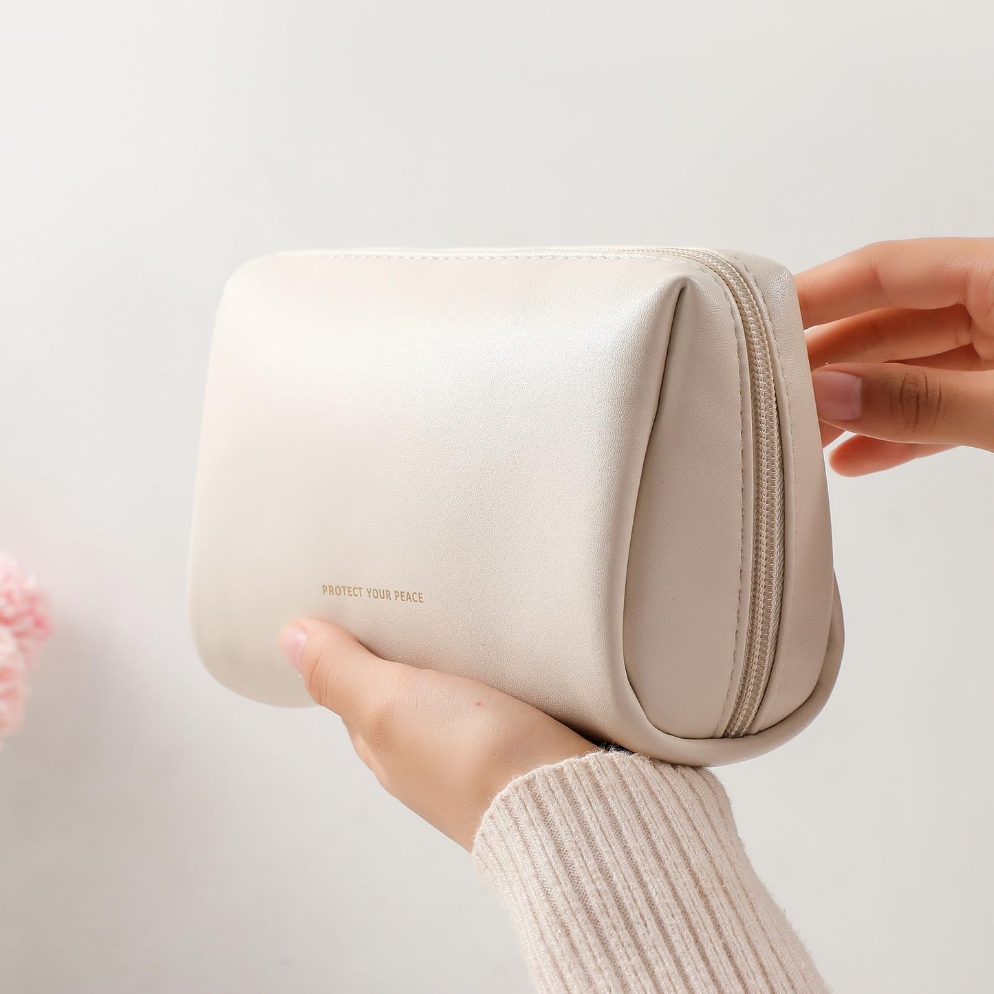 Aveniee Travel Makeup Bag Small, Vegan Leather Cosmetic Pouch for Purse, Wide-open Toiletry Organizer with Dividers & Zipper for Women-Beige