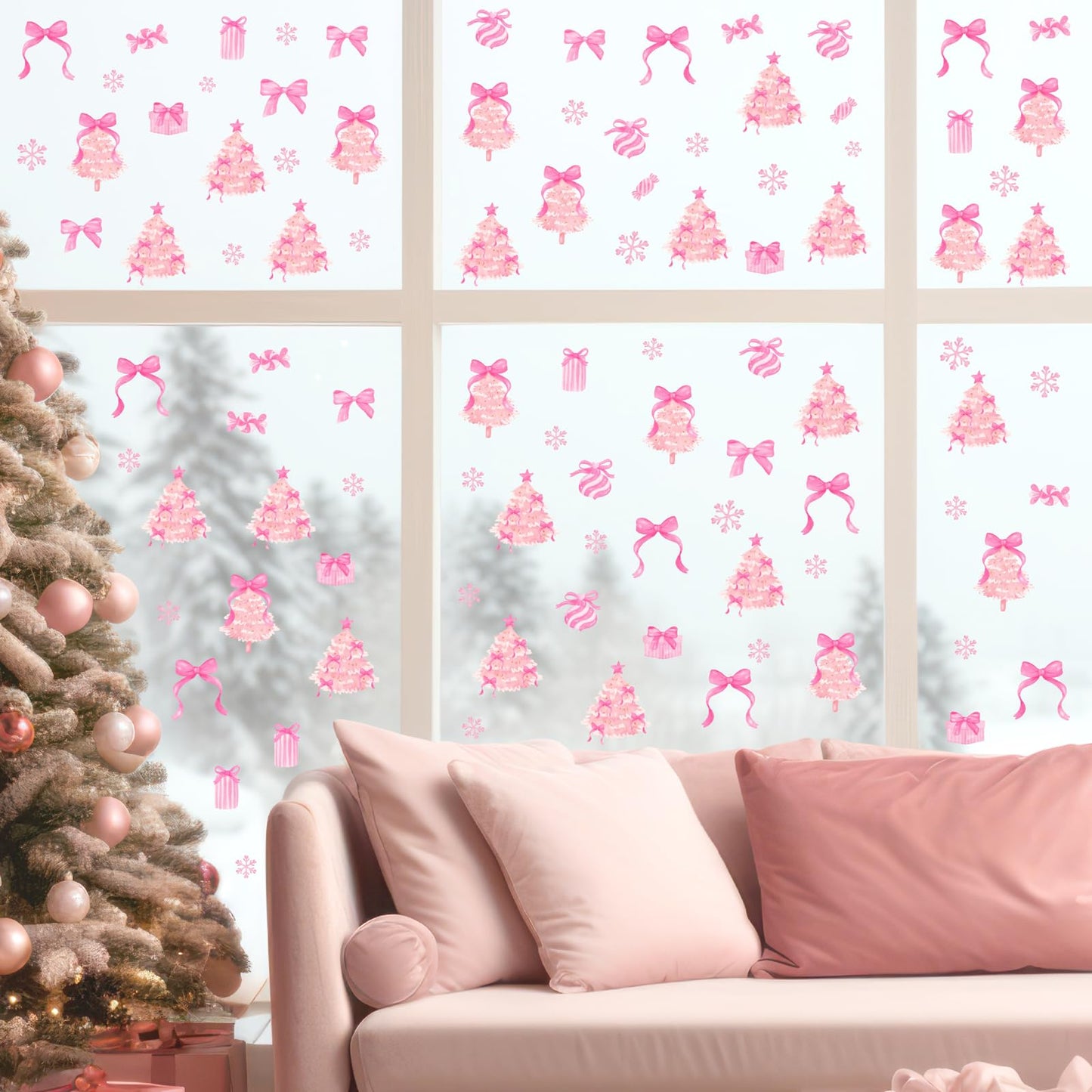 Pink Christmas Wall Stickers Xmas Tree Wall Decals Peel and Stick Bow Sticker for Walls Decoration Indoor Bowtie Decals for Crafts Snowflakes Coquette Art Murals for Girls Bedroom Living Room Decor