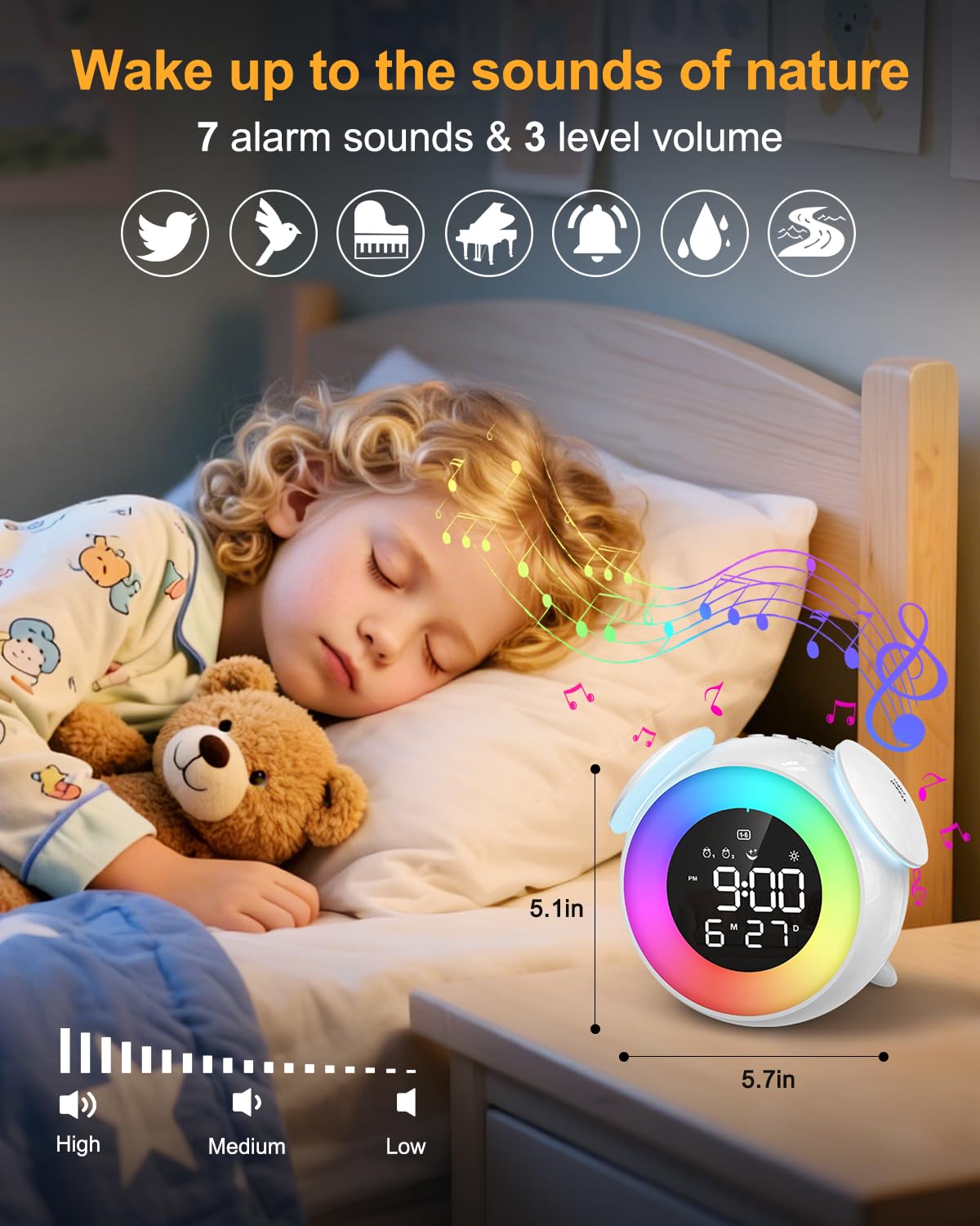 Homiyteck Kids Alarm Clock, Toddler Sleep Training Clock, OK to Wake Alarm Clock with 9 Colors Night Light, 7 Soothing Sounds, Dual Alarms, Birthday Gift for Boy Girls Children