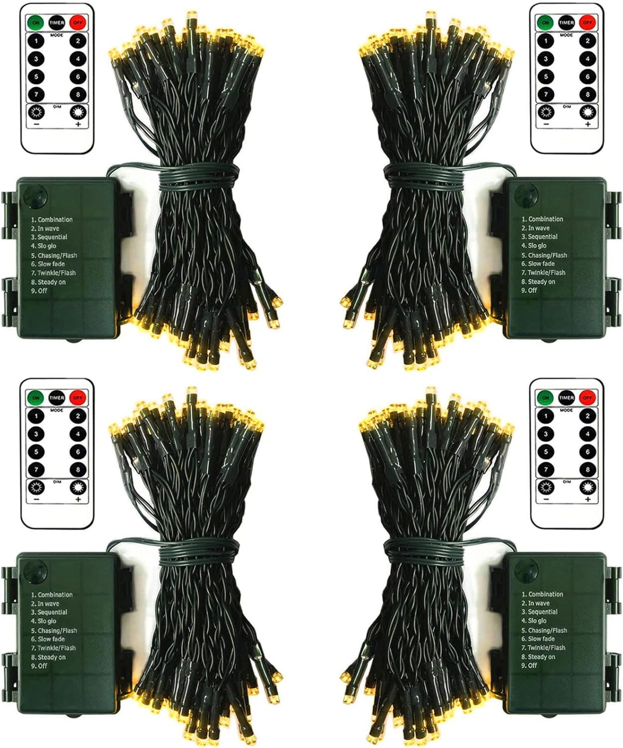ZAIYW Battery Operated String Lights 4 Pack 16.5Ft 50LED String Lights with Remote Control 8 Modes Timer Christmas Lights Green Wire for Outdoor Garden Party Garlands Xmas Tree Decor (Warm White)