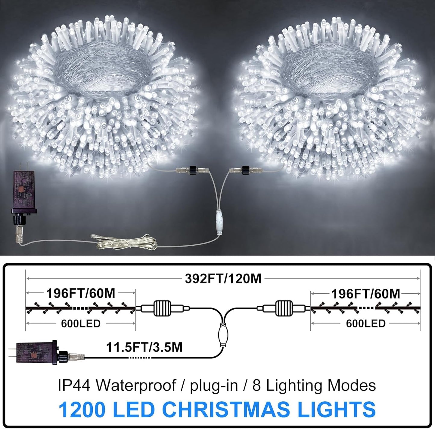 FLVOECN 1200LED Christmas Lights Outdoor Decorations 8 Modes & Memory Timer Christmas Lights with Plug Waterproof Fairy String Lights for Xmas Home Holiday Decor (Cool White, 392 FT 1200 LED)