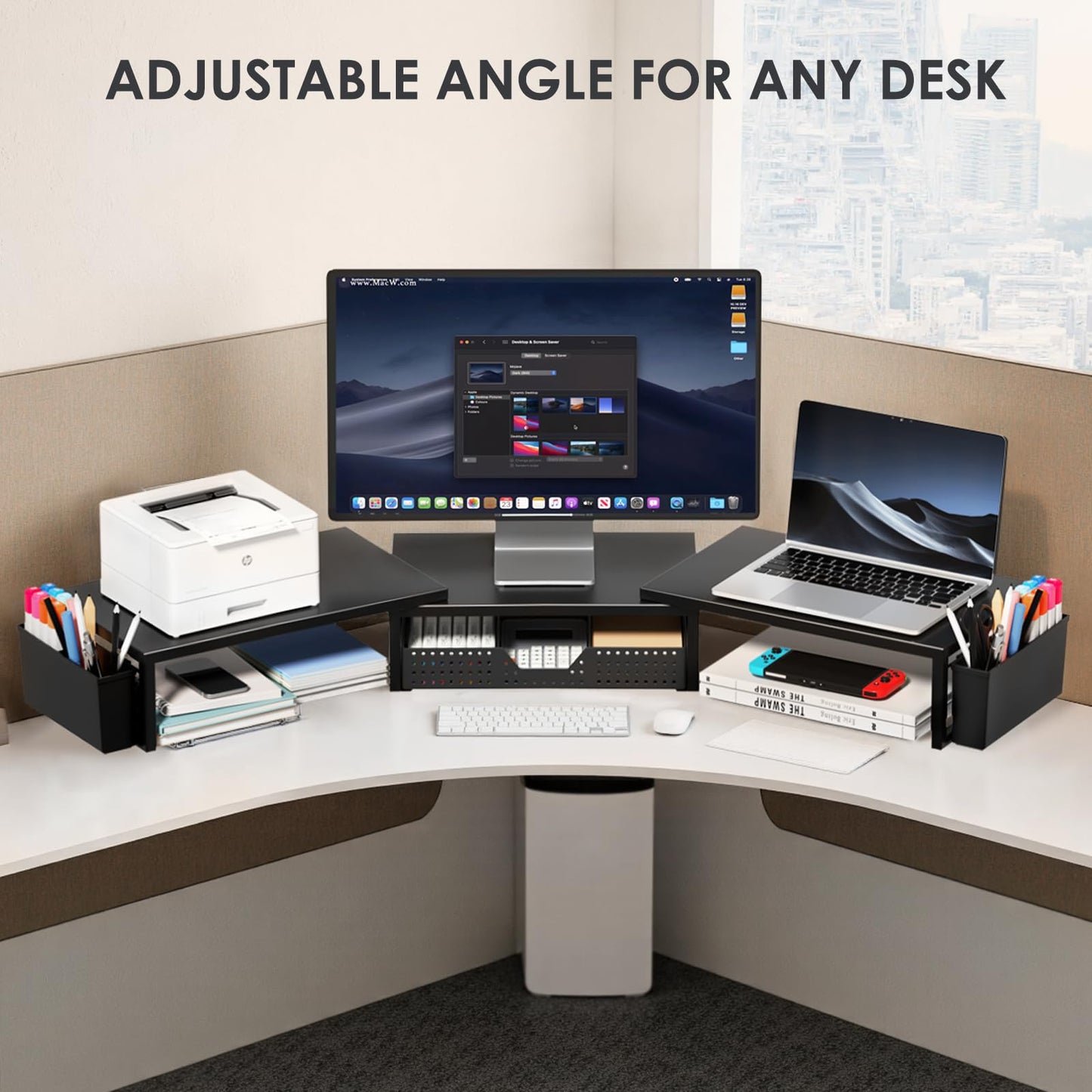 OPNICE Desk Organizers and Accessories, Dual Monitor Stand Riser with Drawer and 2 Pen Holders, Desk Shelf Metal Computer Racks for Office Workspace Organizers, Desktop Organization (Black Metal)