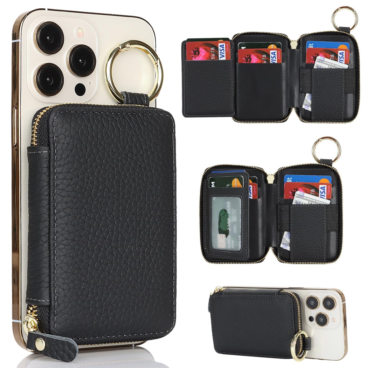 Cavor Compatible with MagSafe Wallet Genuine Leather Cash Wallets for Women, Magnetic Phone Wallet for iPhone 17 Pro Max/16/15/14/13/12, id Credit Card Holder with Mag safe Keychain-Black