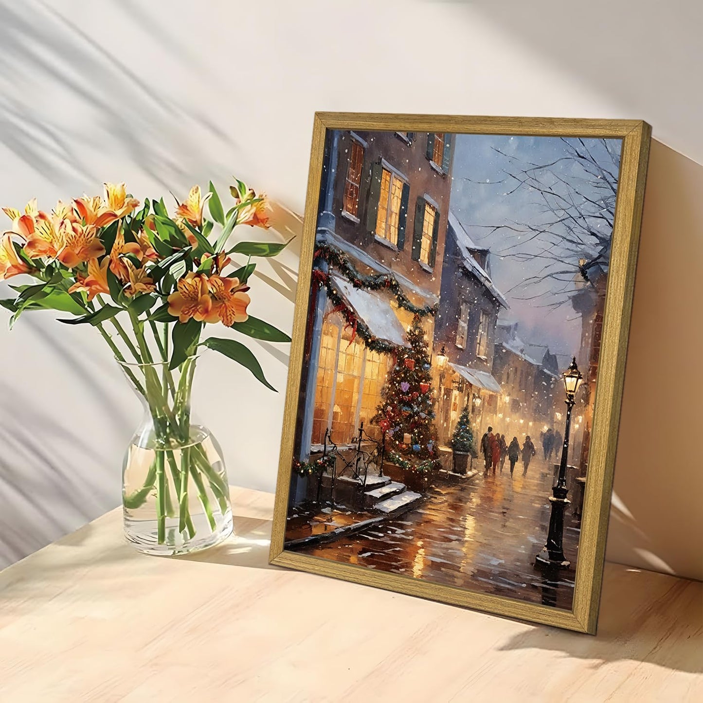 Vintage Christmas Wall Art, Christmas Tree Farm Scene with Red Barn, Rustic Winter Snow Street Canvas Print, Framed Holiday Oil Painting for Living Room Bedroom 12x16 Inch
