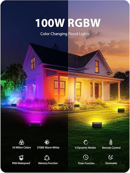 Onforu LED Flood Light Outdoor 800W Equivalent, 100W Color Changing RGBW Floodlight with Remote, Stage Lights Uplights for Events, IP66 Uplighting Spotlight Floor Strobe Light for Christmas 4 Pack