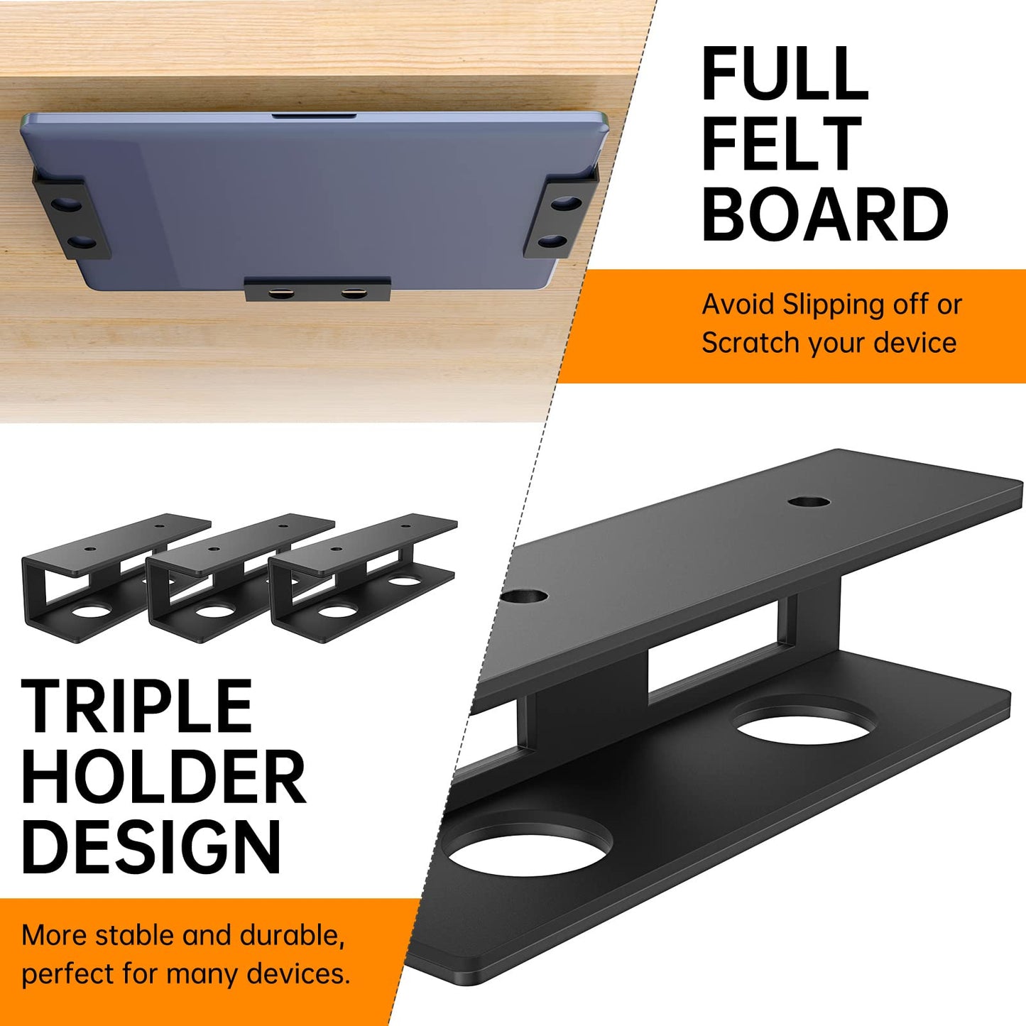 FOROIRON 3 PCS Under Desk Laptop Mount with Anti-Scratch Felt Board Under Desk Laptop Holder Tray Durable Under Desk Shelf for Laptop Thick up to 1.15”