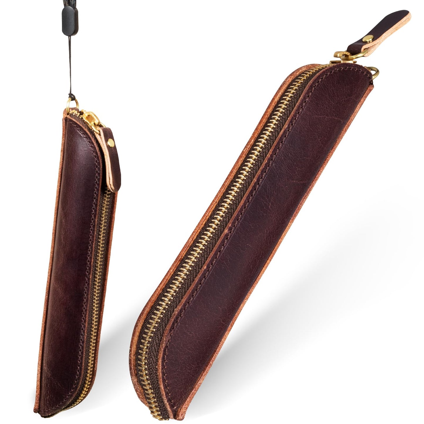 Gexmil Genuine Leather Pen Case, Full Grain Leather Mini Pencil Holder, Hand-made Stationery Bag for Work & Office, Vintage Style, Vegetable Tanned Leather