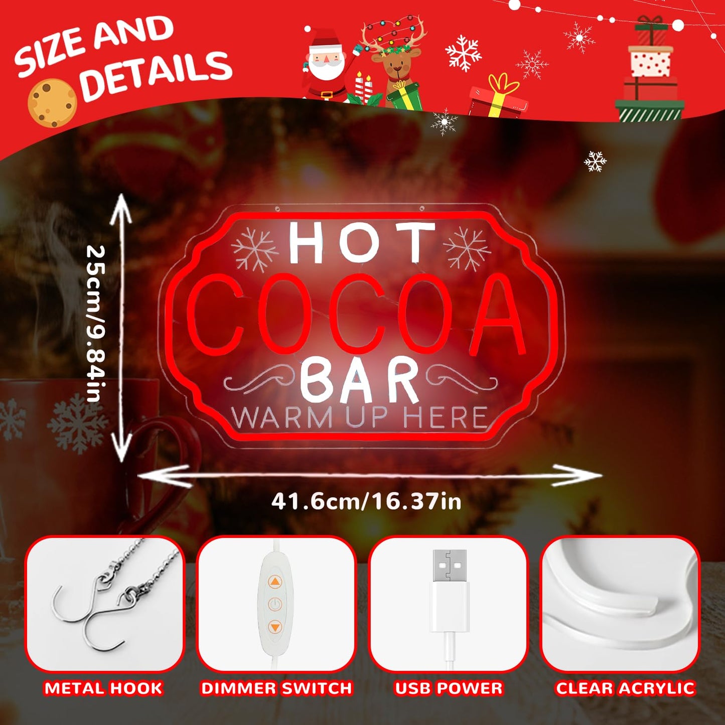 hhuohuona Hot Cocoa Bar Neon Sign Dimmable Christmas Coffee Led Sign Hot Chocolate Bar Warm Up Here Neon Lights Vintage Cocoa Light Up Sign for Kitchen Cafe Stations