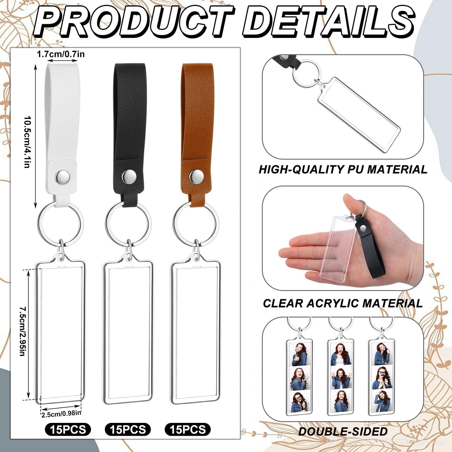 ForraFun 30 Pcs 1x3 Inch PU Leather Mini Photo Strip Keychain Frames Acrylic Photo Booth Keychain Picture Keyring Holder Blank for Wedding Birthday Gift Photobooth Party Favors
